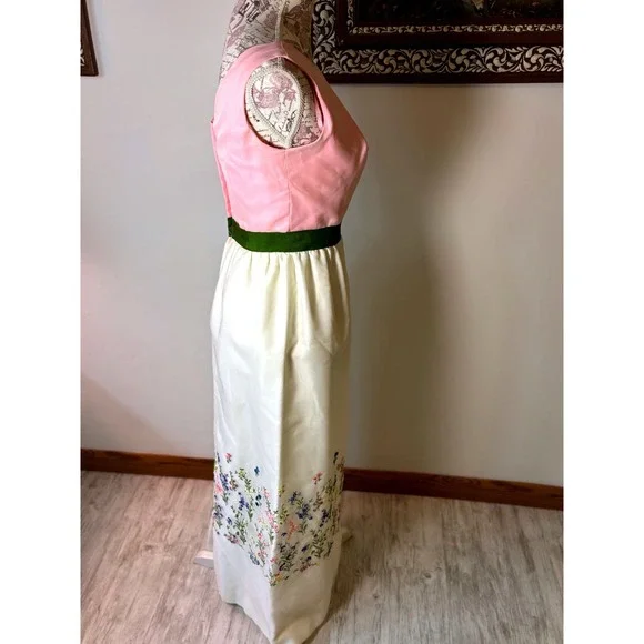 Vintage Embroidered Maxi Dress Pink Satin Bodice 60s Union Made S Mad Men era - Picture 9 of 17